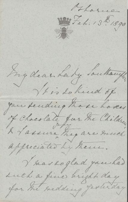 Great Britain 1890 Handwritten letter from PRINCESS BEATRICE on monogrammed (Crown over Bee) note-paper sent from Osborne House.,The Princess thanks Lady Southampton for some boxes of chocolates she had sent to her children.,(Lady……Details Below