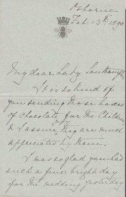 Great Britain 1890 Handwritten letter from PRINCESS BEATRICE on monogrammed (Crown over Bee) note-paper sent from Osborne House.,The Princess thanks Lady Southampton for some boxes of chocolates she had sent to her children.,(Lady……Details Below
