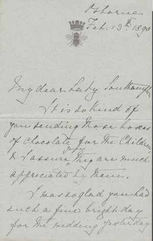 Great Britain 1890 Handwritten letter from PRINCESS BEATRICE on monogrammed (Crown over Bee) note-paper sent from Osborne House.,The Princess thanks Lady Southampton for some boxes of chocolates she had sent to her children.,(Lady……Details Below