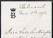 Great Britain 1893 Handwritten letter from PRINCESS BEATRICE on monogrammed mourning note-paper sent from Balmoral with matching envelope.,The Princess offers Lady Southampton congratulations on the birth of her grandson and says ……Details Below
