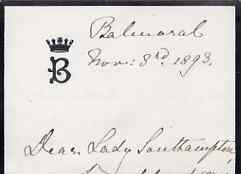 Great Britain 1893 Handwritten letter from PRINCESS BEATRICE on monogrammed mourning note-paper sent from Balmoral with matching envelope.,The Princess offers Lady Southampton congratulations on the birth of her grandson and says ……Details Below