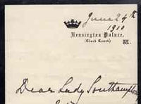 Great Britain 1910 Handwritten letter from PRINCESS BEATRICE on monogrammed mourning note-paper sent from Kensington Palace with matching envelope.,The Princess thanks Lady Southampton for her letter of sympathy over the death of ……Details Below