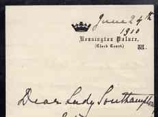 Great Britain 1910 Handwritten letter from PRINCESS BEATRICE on monogrammed mourning note-paper sent from Kensington Palace with matching envelope.,The Princess thanks Lady Southampton for her letter of sympathy over the death of ……Details Below