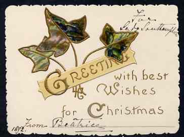 Great Britain 1892 Ivy-Leaf Christmas card from PRINCESS BEATRICE to Lady Southampton, in near pristine condition. Plus original envelope with embossed Osborne monogram, addressed simply 'The Lady Southampton' in the Princess' han……Details Below