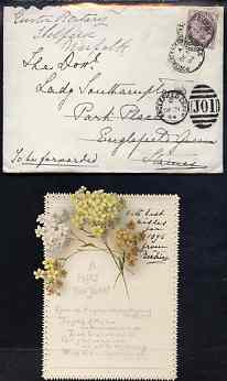 Great Britain 1895 New Year Greeting card from PRINCESS BEATRICE to Lady Southampton plus original envelope (roughly opened) with embossed Osborne monogram.,Cover bears the scarce Portsmouth Sorting Carriage cds used on mail from ……Details Below