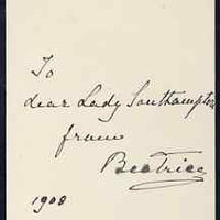 Great Britain 1908 photographic Portrait Christmas card from PRINCESS BEATRICE with slightly smudged ink inscription 'To dear Lady Southampton from Beatrice, 1908'. Card with oval half-length photographic portrait of the Princess.……Details Below