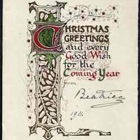 Great Britain 1911 parchment Christmas card with illuminated initial from PRINCESS BEATRICE (from the Lady Southampton estate) simply signed Beatrice, 1911.,(Lady Ismay Southampton was Lady-in-Waiting to Queen Victoria from 1878 u……Details Below