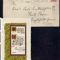 Great Britain 1913 parchment Christmas card with illuminated initial from PRINCESS BEATRICE (from the Lady Southampton estate) simply signed Beatrice, 1913, plus original envelope addressed in Princess's hand with Kensington Krag ……Details Below