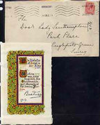 Great Britain 1913 parchment Christmas card with illuminated initial from PRINCESS BEATRICE (from the Lady Southampton estate) simply signed Beatrice, 1913, plus original envelope addressed in Princess's hand with Kensington Krag ……Details Below