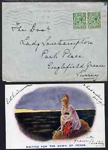 Great Britain 1914 Patriotic Christmas card (Britannia waiting for the dawn of Peace) from PRINCESS BEATRICE to Lady Southampton inscribed 'With kind rememberance & best wishes for 1915 from Beatrice', plus original envelope addre……Details Below