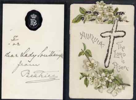 Great Britain Undated Easter card from PRINCESS BEATRICE (from the Lady Southampton estate) plus enclosed small sheet of black-edged note-paper with HB monogram inscribed 'For Dear Lady Southampton from Beatrice'. (Lady Ismay Sout……Details Below