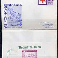 Stroma 1963 Europa imperf m/sheet (2s6d fish) on cover to London correctly cancelled in Stroma and carried to Huna, with Great Britain Red Cross 3d stamp cancelled Huna for normal UK delivery. Note: I have several of these covers ……Details Below