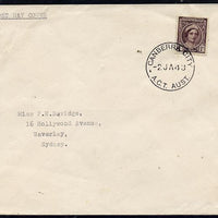 Australia 1943 KG6 1d brown-purple on plain typed addressed cover with clear first day cancel (SG203) stamp has been applied over the cancel and is almost certainly a maunfactured (forged) cover