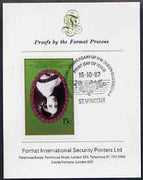 St Vincent 1987 Ruby Wedding 15c (young Queen Victoria) unmounted mint imperf single with centre inverted mounted on Format International proof card with special first day cancellation, produced for publicity purposes but very few……Details Below