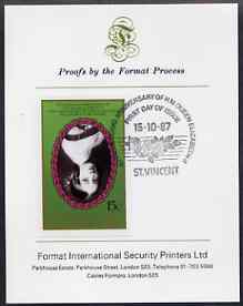 St Vincent 1987 Ruby Wedding 15c (young Queen Victoria) unmounted mint imperf single with centre inverted mounted on Format International proof card with special first day cancellation, produced for publicity purposes but very few……Details Below