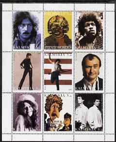 Kalmikia Republic 1999 Pop Stars perf sheetlet containing 9 values unmounted mint (Clapton, Stevie Wonder, Hendrix, Springsteen, Suzi Quatro, Phil Collins, Janis Joplin, Dylan, Mick Jagger & Keith Richards)