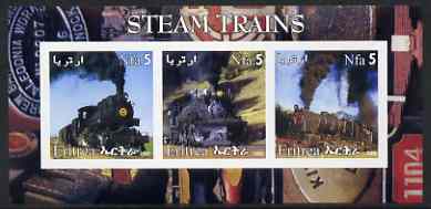 Eritrea 2002 Steam Locos #03 imperf sheetlet containing set of 3 values each with Rotary Logo unmounted mint