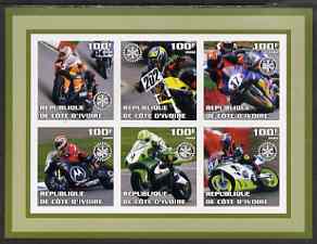 Ivory Coast 2002 Racing Motorcycles #1 imperf sheetlet containing set of 6 values (top middle No. 202) each with Rotary logo, unmounted mint