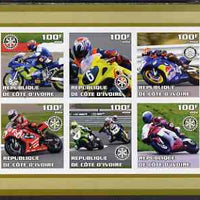 Ivory Coast 2002 Racing Motorcycles #2 imperf sheetlet containing set of 6 values (top middle No. 6) each with Rotary logo, unmounted mint