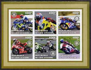Ivory Coast 2002 Racing Motorcycles #2 imperf sheetlet containing set of 6 values (top middle No. 6) each with Rotary logo, unmounted mint