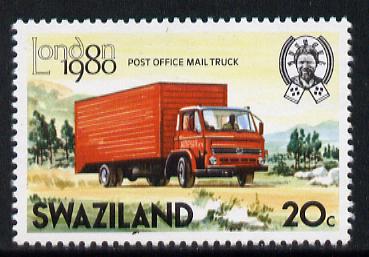 Swaziland 1980 London 1980 Post Office Truck 20c with wmk sideways inverted unmounted mint SG 356w*