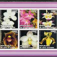Ivory Coast 2002 Orchids #1 (violet border) imperf sheetlet containing 6 values unmounted mint