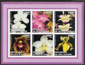 Ivory Coast 2002 Orchids #1 (violet border) imperf sheetlet containing 6 values unmounted mint