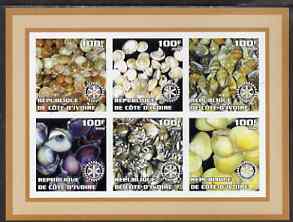 Ivory Coast 2002 Sea Shells #2 imperf sheetlet containing set of 6 values (brown border) each with Rotary logo, unmounted mint