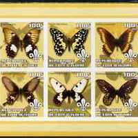 Ivory Coast 2002 Butterflies #1 (yellow border) imperf sheetlet containing 6 values each with Scout logo unmounted mint