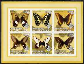 Ivory Coast 2002 Butterflies #1 (yellow border) imperf sheetlet containing 6 values each with Scout logo unmounted mint