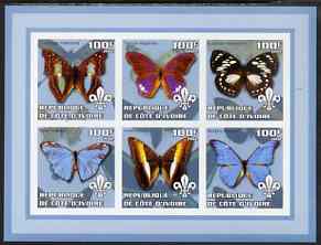 Ivory Coast 2002 Butterflies #2 (blue border) imperf sheetlet containing 6 values each with Scout logo unmounted mint