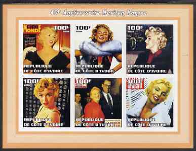 Ivory Coast 2002 Marilyn Monroe 40th Death Anniversary #1 imperf sheetlet containing 6 values unmounted mint