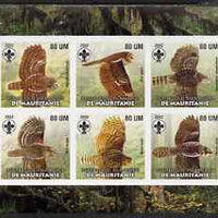 Mauritania 2002 Birds of Prey #1 imperf sheetlet containing 6 values (Owls) each with Scout logo unmounted mint
