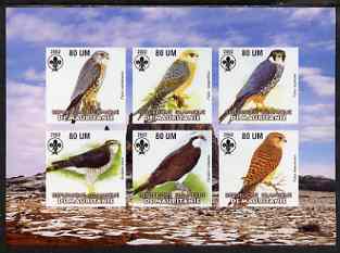 Mauritania 2002 Birds of Prey #2 imperf sheetlet containing 6 values (Falcons & Hawks) each with Scout logo unmounted mint