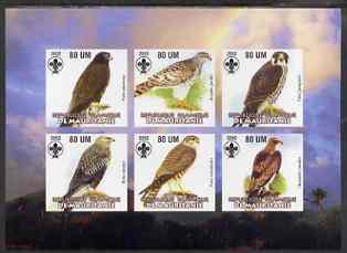 Mauritania 2002 Birds of Prey #3 imperf sheetlet containing 6 values (Eagle, Buzzards, Falcons & Hawks) each with Scout logo unmounted mint