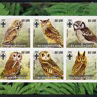 Mauritania 2002 Birds of Prey #6 pimerf sheetlet containing 6 values (Owls) each with Scout logo unmounted mint