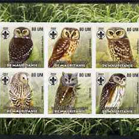 Mauritania 2002 Birds of Prey #7 imperf sheetlet containing 6 values (Owls) each with Scout logo unmounted mint