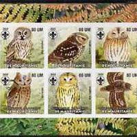 Mauritania 2002 Birds of Prey #8 imperf sheetlet containing 6 values (Owls) each with Scout logo unmounted mint