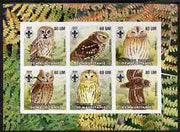 Mauritania 2002 Birds of Prey #8 imperf sheetlet containing 6 values (Owls) each with Scout logo unmounted mint