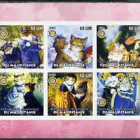 Mauritania 2002 Cartoon Cats #1 (pink border) imperf sheetlet containing 6 values each with Rotary logo, unmounted mint