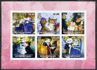 Mauritania 2002 Cartoon Cats #1 (pink border) imperf sheetlet containing 6 values each with Rotary logo, unmounted mint