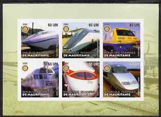 Mauritania 2002 Railway Locos #2 imperf sheetlet containing 6 values each with Rotary logo, unmounted mint