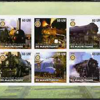 Mauritania 2002 Railway Locos #3 imperf sheetlet containing 6 values each with Rotary logo, unmounted mint