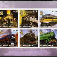 Mauritania 2002 Railway Locos #4 imperf sheetlet containing 6 values each with Rotary logo, unmounted mint