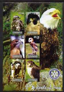Gambia 2003 Birds of Prey imperf sheetlet containing 6 values with Rotary logo, unmounted mint