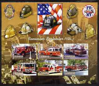 Gambia 2003 Fire Engines - Remember Sept 11th imperf sheetlet containing 6 values, unmounted mint