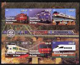 Congo 2004 Modern Trains #1 (small format) imperf sheetlet containing 6 values, with Rotary Logo unmounted mint