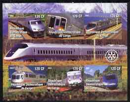Congo 2004 Modern Trains #2 (small format) imperf sheetlet containing 6 values, with Rotary Logo unmounted mint