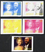 Kyrgyzstan 2000 Twentieth Century Icons - Marilyn Monroe & Pavarotti se-tenant pair - the set of 5 imperf progressive proofs comprising various 2-colour composites plus all 4 colours