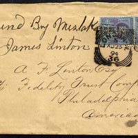 Great Britain 1894 cover to USA bearing pair Jubilee 2.5d each with HJN perfin